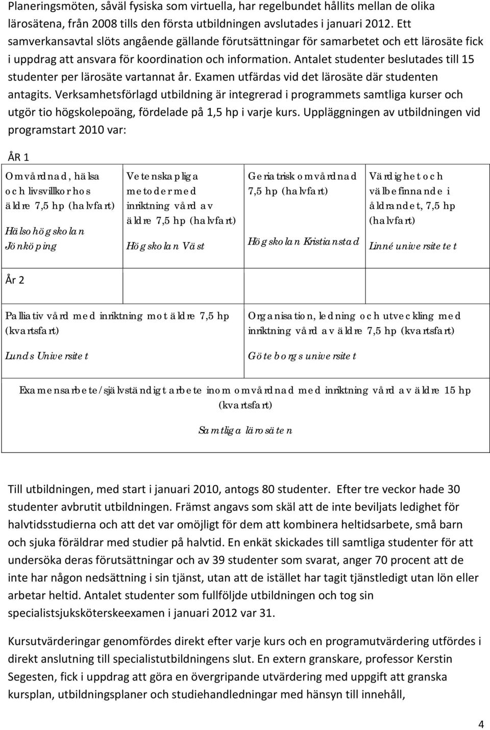 Antalet studenter beslutades till 15 studenter per lärosäte vartannat år. Examen utfärdas vid det lärosäte där studenten antagits.