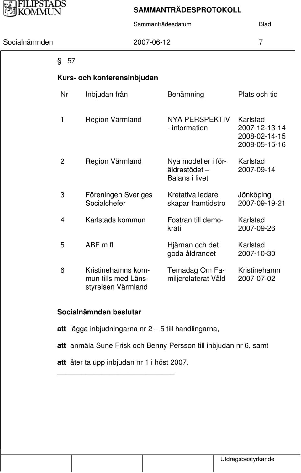 Fostran till demokrati Karlstad 2007-09-26 5 ABF m fl Hjärnan och det goda åldrandet Karlstad 2007-10-30 6 Kristinehamns kommun tills med Länsstyrelsen Värmland Temadag Om Familjerelaterat Våld