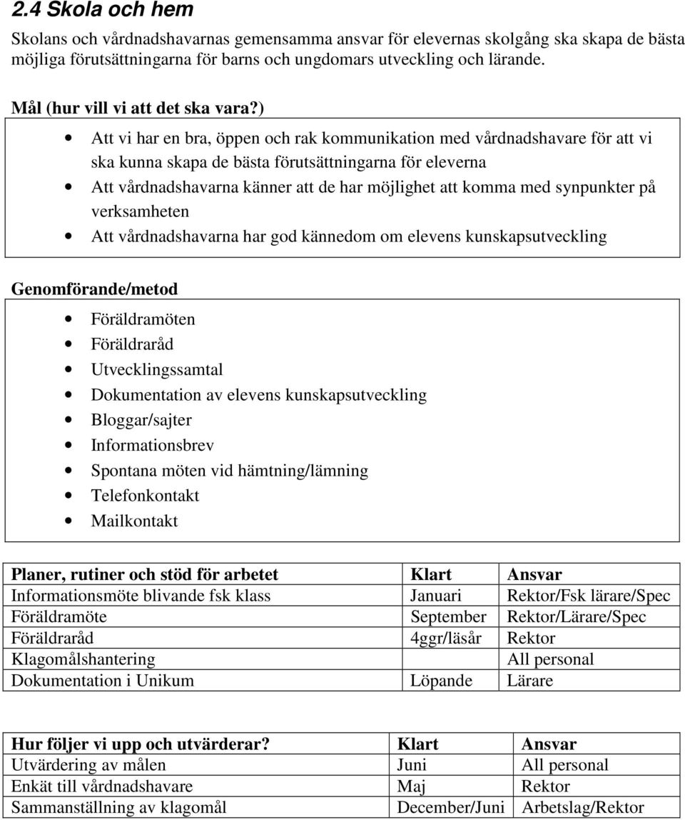 synpunkter på verksamheten Att vårdnadshavarna har god kännedom om elevens kunskapsutveckling Föräldramöten Föräldraråd Utvecklingssamtal Dokumentation av elevens kunskapsutveckling Bloggar/sajter