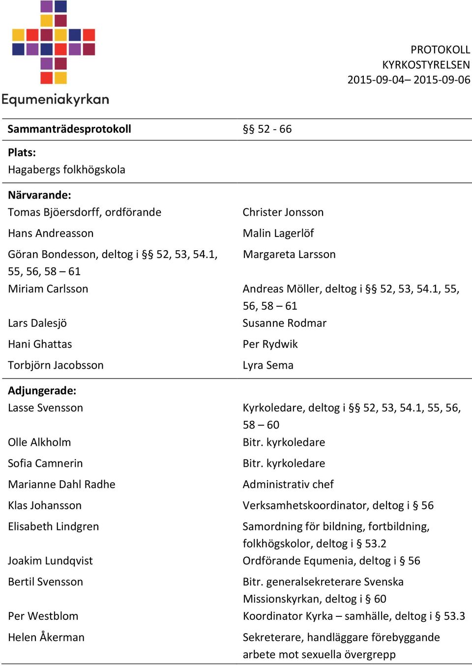 1, 55, 56, 58 61 Lars Dalesjö Susanne Rodmar Hani Ghattas Torbjörn Jacobsson Per Rydwik Lyra Sema Adjungerade: Lasse Svensson Kyrkoledare, deltog i 52, 53, 54.1, 55, 56, 58 60 Olle Alkholm Bitr.