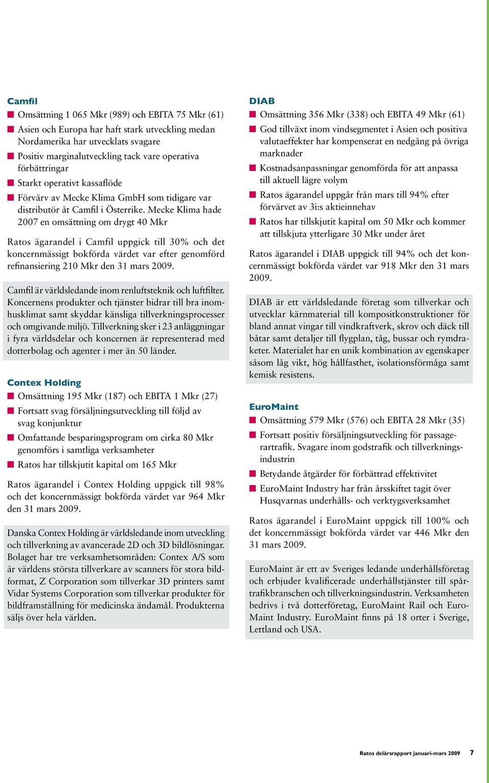 Mecke Klima hade 2007 en omsättning om drygt 40 Mkr Ratos ägarandel i Camfil uppgick till 30% och det koncernmässigt bokförda värdet var efter genomförd refinansiering 210 Mkr den 31 mars 2009.