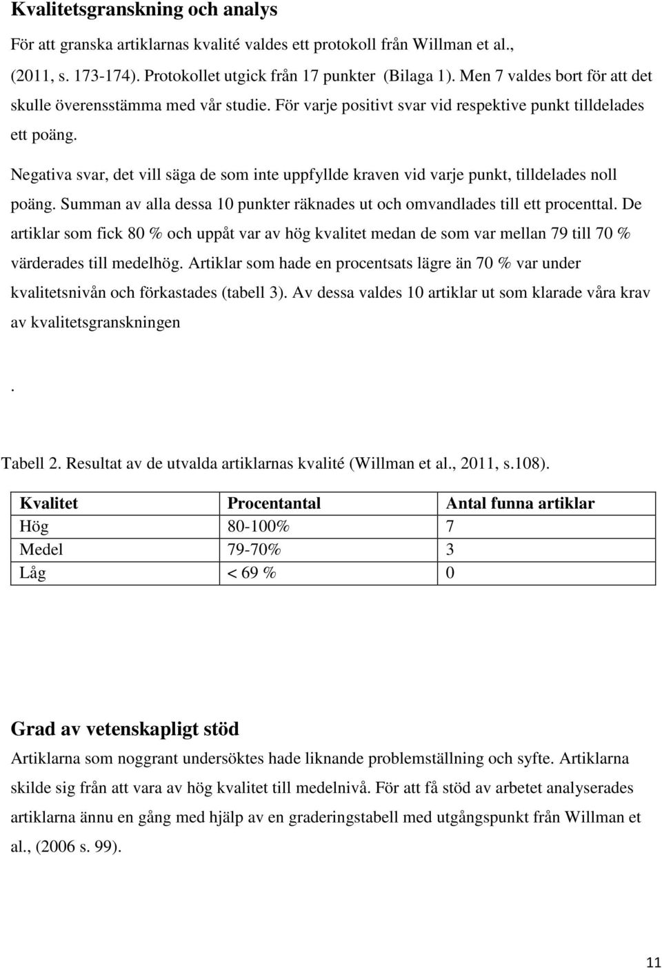 Negativa svar, det vill säga de som inte uppfyllde kraven vid varje punkt, tilldelades noll poäng. Summan av alla dessa 10 punkter räknades ut och omvandlades till ett procenttal.