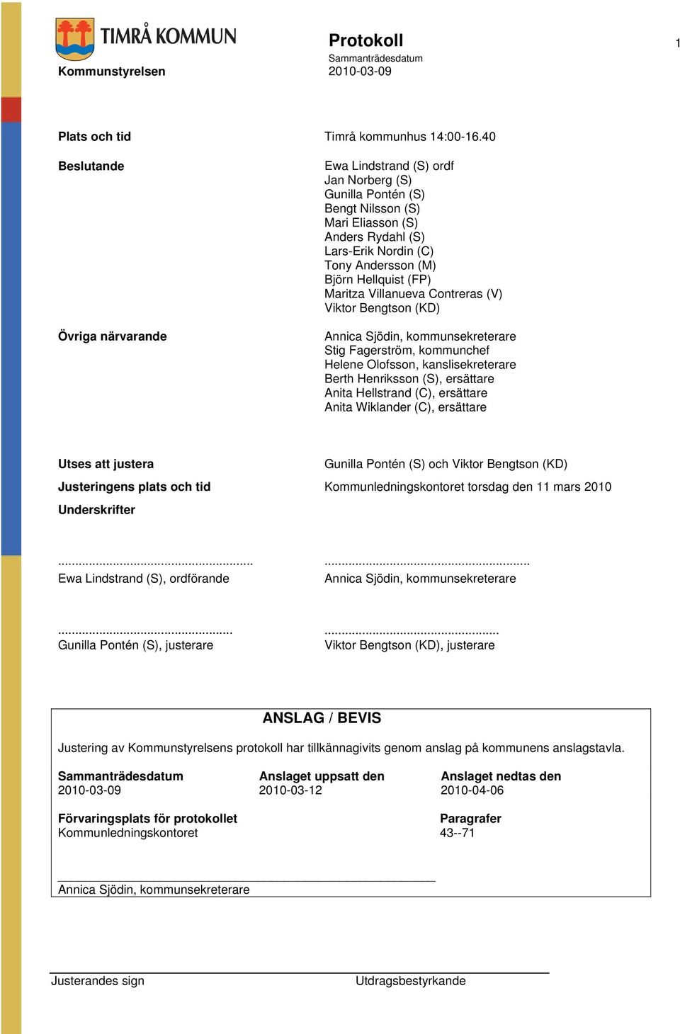 Maritza Villanueva Contreras (V) Viktor Bengtson (KD) Annica Sjödin, kommunsekreterare Stig Fagerström, kommunchef Helene Olofsson, kanslisekreterare Berth Henriksson (S), ersättare Anita Hellstrand