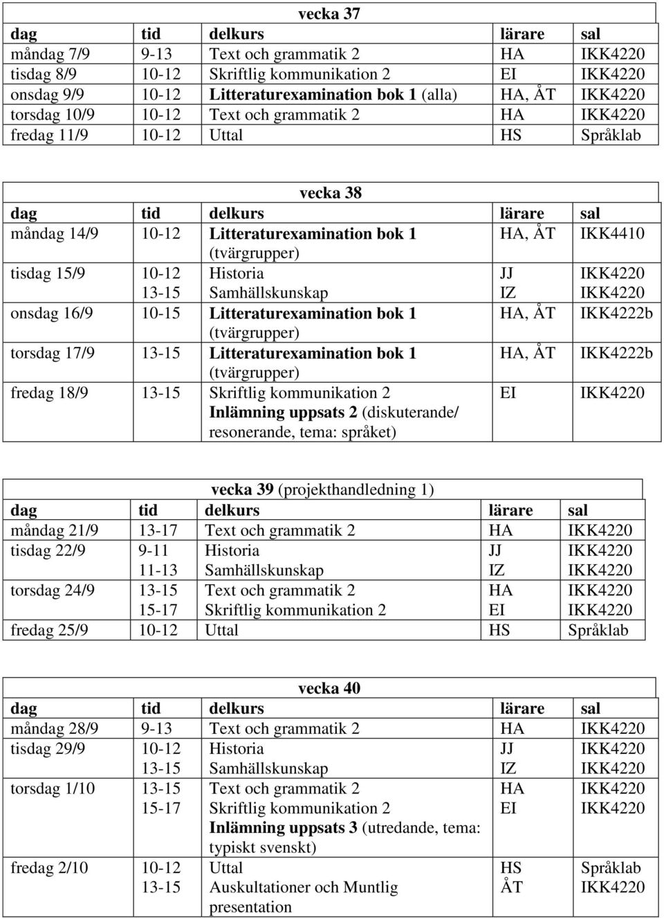 Inlämning uppsats 2 (diskuterande/ resonerande, tema: språket) vecka 39 (projekthandledning 1) måndag 21/9 13-17 tisdag 22/9 9-11 torsdag 24/9 fredag 25/9 10-12