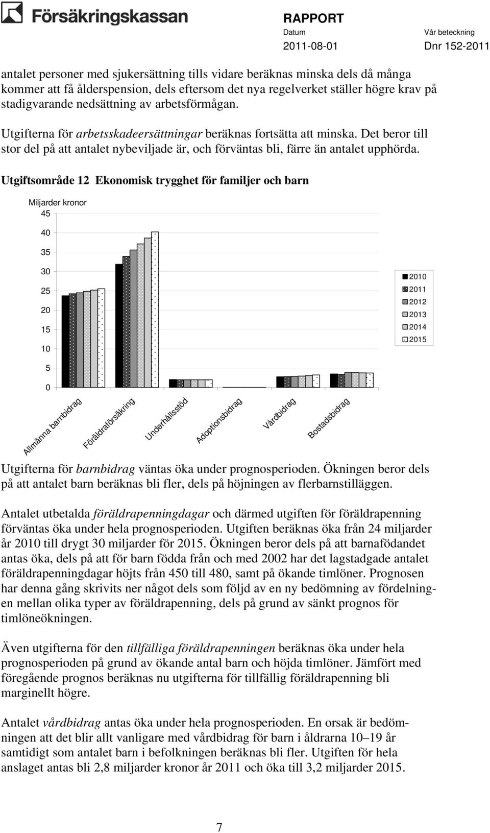 Utgiftsområde 12 Ekonomisk trygghet för familjer och barn Miljarder kronor 45 40 35 30 25 20 15 10 2010 2011 2012 2013 2014 2015 5 0 Allmänna barnbidrag Föräldraförsäkring Underhållsstöd