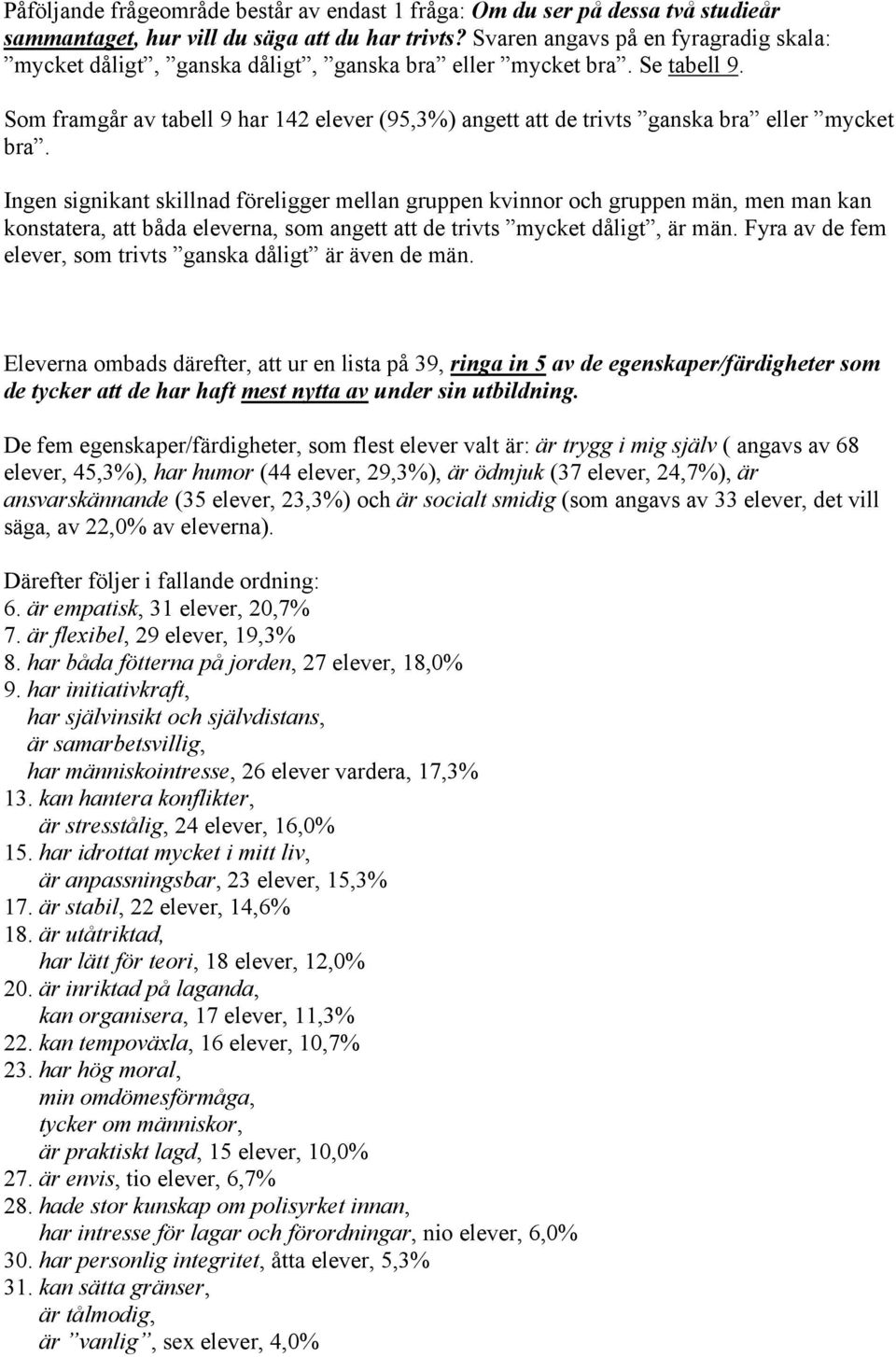 Som framgår av tabell 9 har 142 elever (95,3%) angett att de trivts ganska bra eller mycket bra.