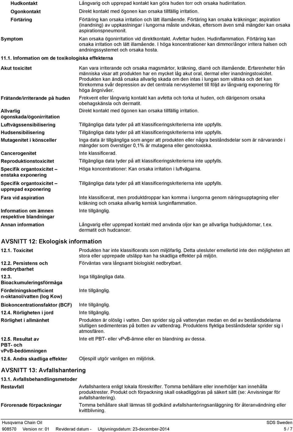 Förtäring kan orsaka kräkningar; aspiration (inandning) av uppkastningar i lungorna måste undvikas, eftersom även små mängder kan orsaka aspirationspneumonit.