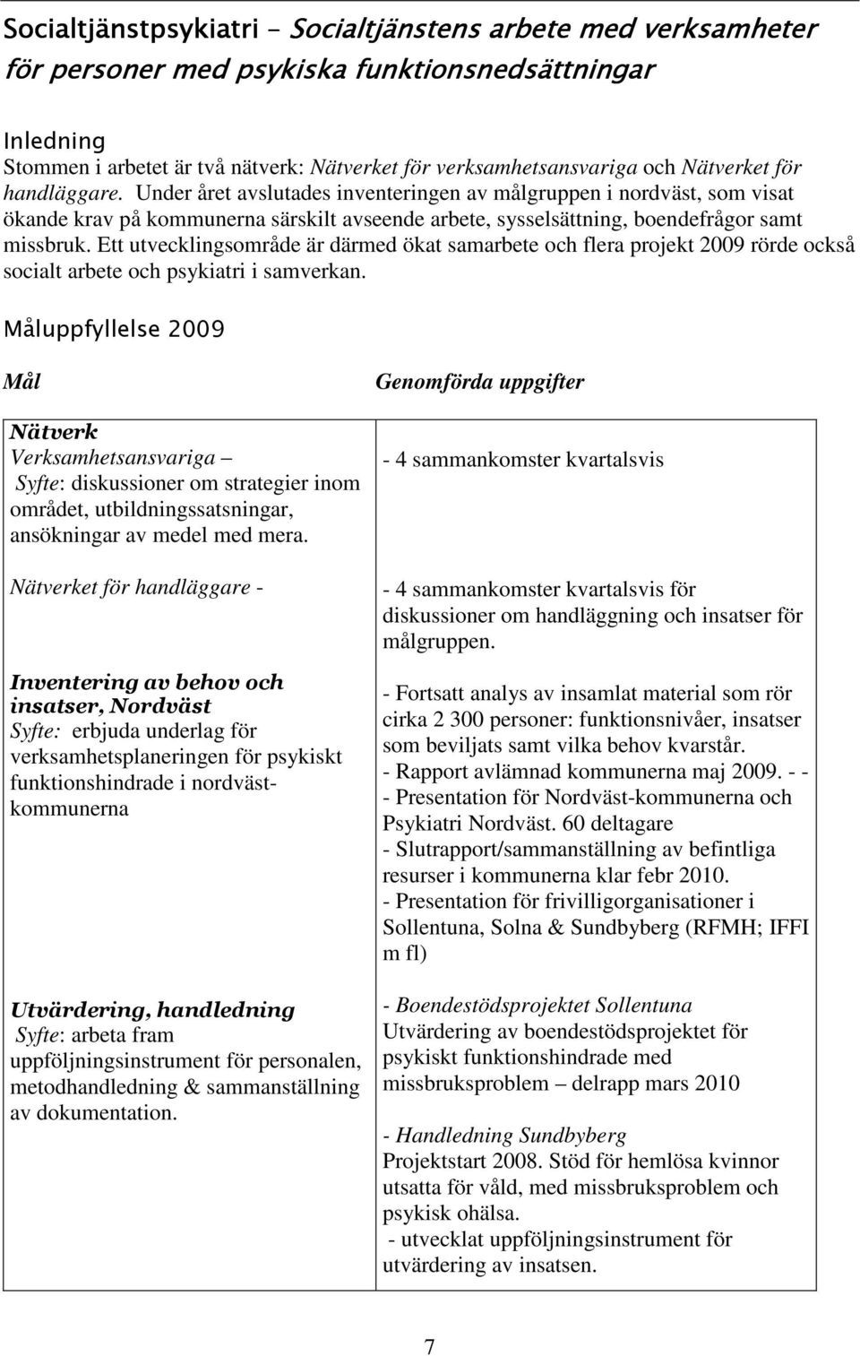 Ett utvecklingsområde är därmed ökat samarbete och flera projekt 2009 rörde också socialt arbete och psykiatri i samverkan.