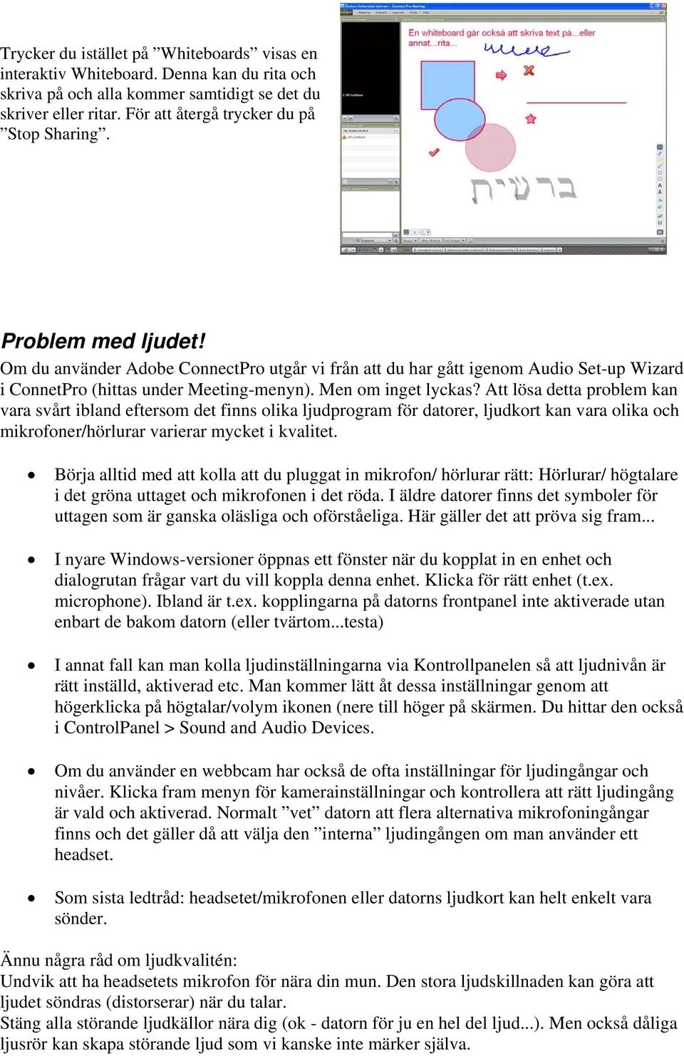 Att lösa detta problem kan vara svårt ibland eftersom det finns olika ljudprogram för datorer, ljudkort kan vara olika och mikrofoner/hörlurar varierar mycket i kvalitet.