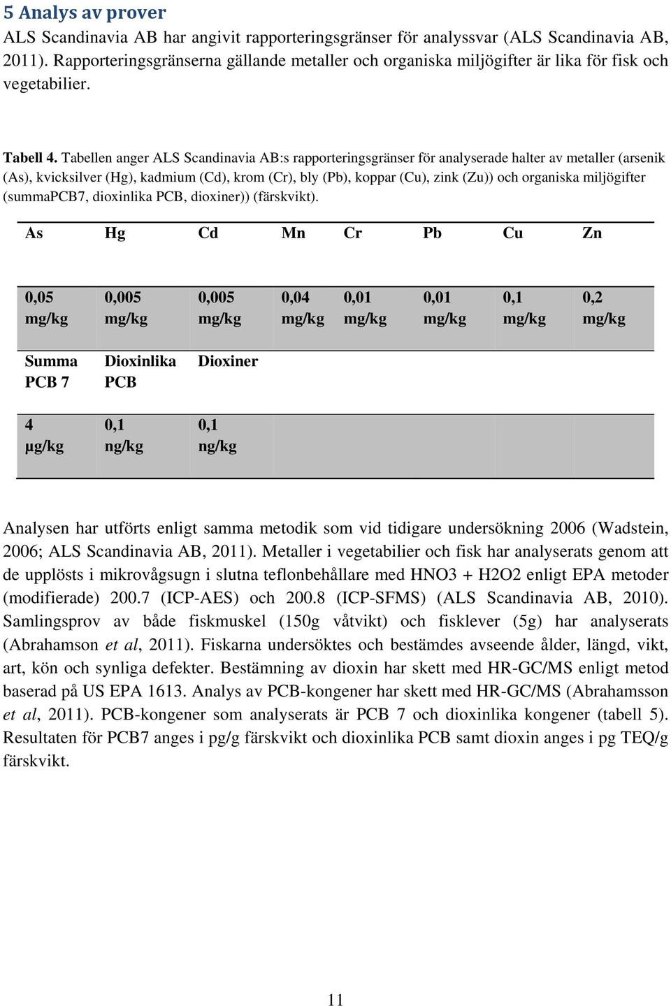 Tabellen anger ALS Scandinavia AB:s rapporteringsgränser för analyserade halter av metaller (arsenik (As), kvicksilver (Hg), kadmium (Cd), krom (Cr), bly (Pb), koppar (Cu), zink (Zu)) och organiska
