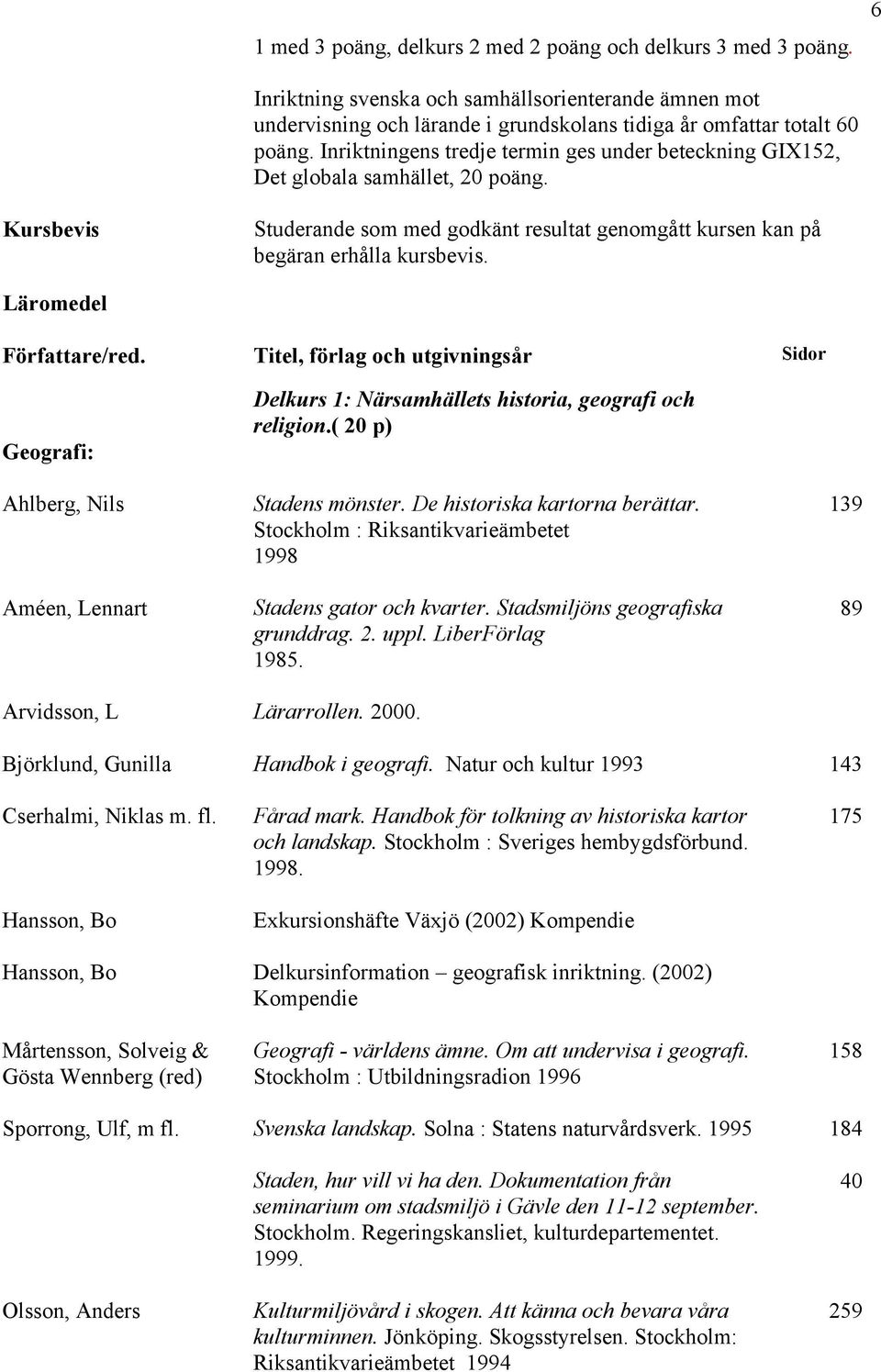 Läromedel Författare/red. Titel, förlag och utgivningsår Sidor Geografi: Ahlberg, Nils Améen, Lennart Delkurs 1: Närsamhällets historia, geografi och religion.( 20 p) Stadens mönster.