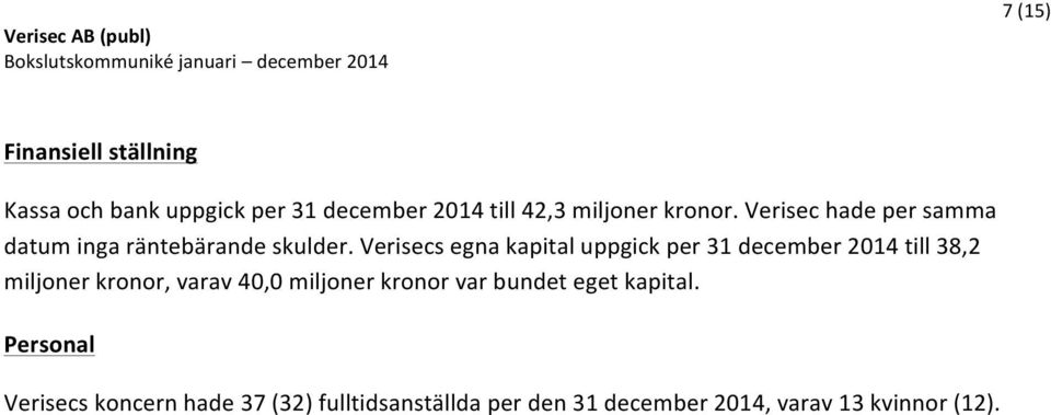 Verisecs egna kapital uppgick per 31 december 2014 till 38,2 miljoner kronor, varav 40,0 miljoner