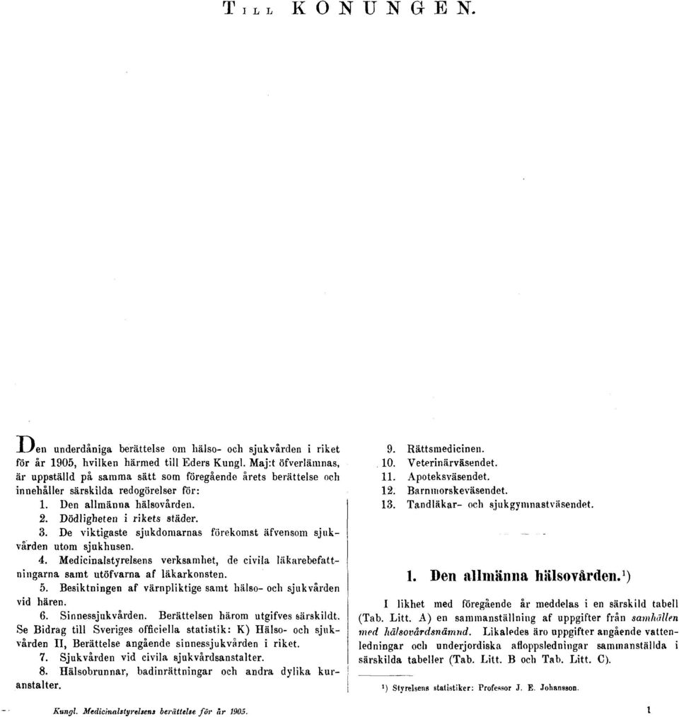 De viktigaste sjukdomarnas förekomst äfvensom sjukvården utom sjukhusen. 4. Medicinalstyrelsens verksamhet, de civila läkarebefattningarna samt utöfvarna af läkarkonsten. 5.