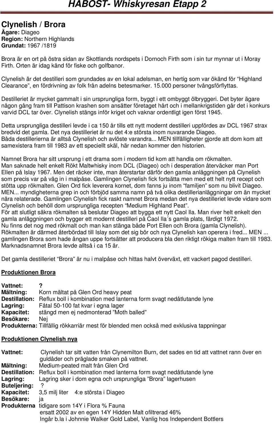 Clynelish är det destilleri som grundades av en lokal adelsman, en hertig som var ökänd för Highland Clearance, en fördrivning av folk från adelns betesmarker. 15.000 personer tvångsförflyttas.