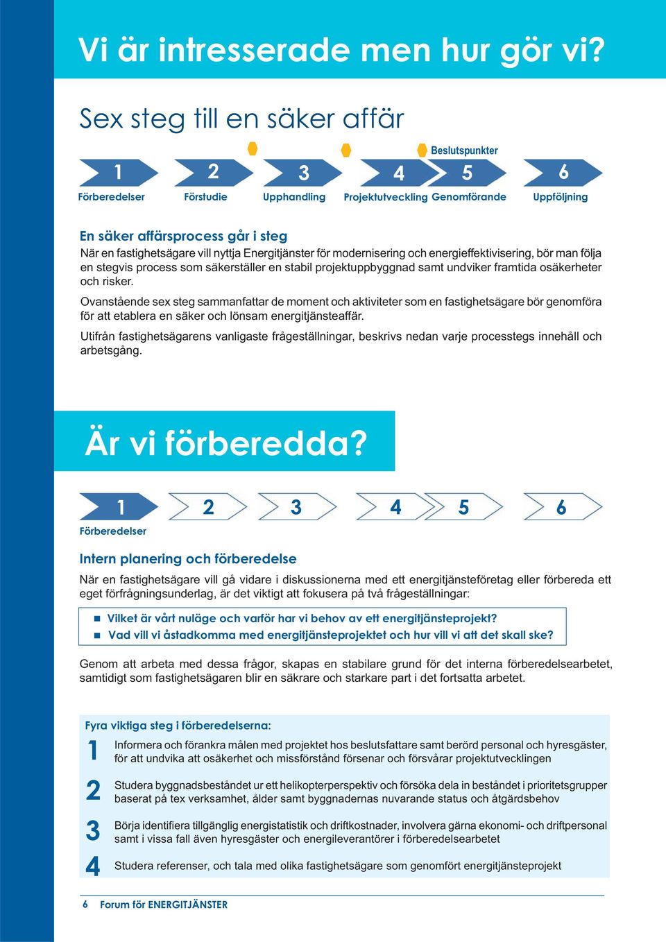 nyttja Energitjänster för modernisering och energieffektivisering, bör man följa en stegvis process som säkerställer en stabil projektuppbyggnad samt undviker framtida osäkerheter och risker.