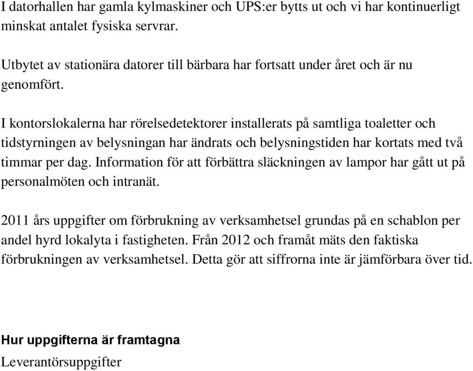 I kontorslokalerna har rörelsedetektorer installerats på samtliga toaletter och tidstyrningen av belysningan har ändrats och belysningstiden har kortats med två timmar per dag.