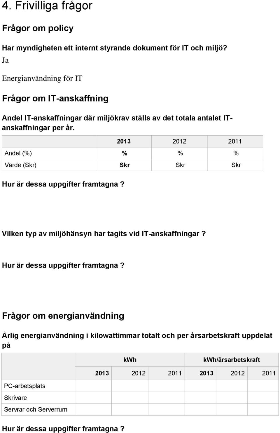 Andel (%) % % % Värde (Skr) Skr Skr Skr Hur är dessa uppgifter framtagna? Vilken typ av miljöhänsyn har tagits vid IT-anskaffningar?