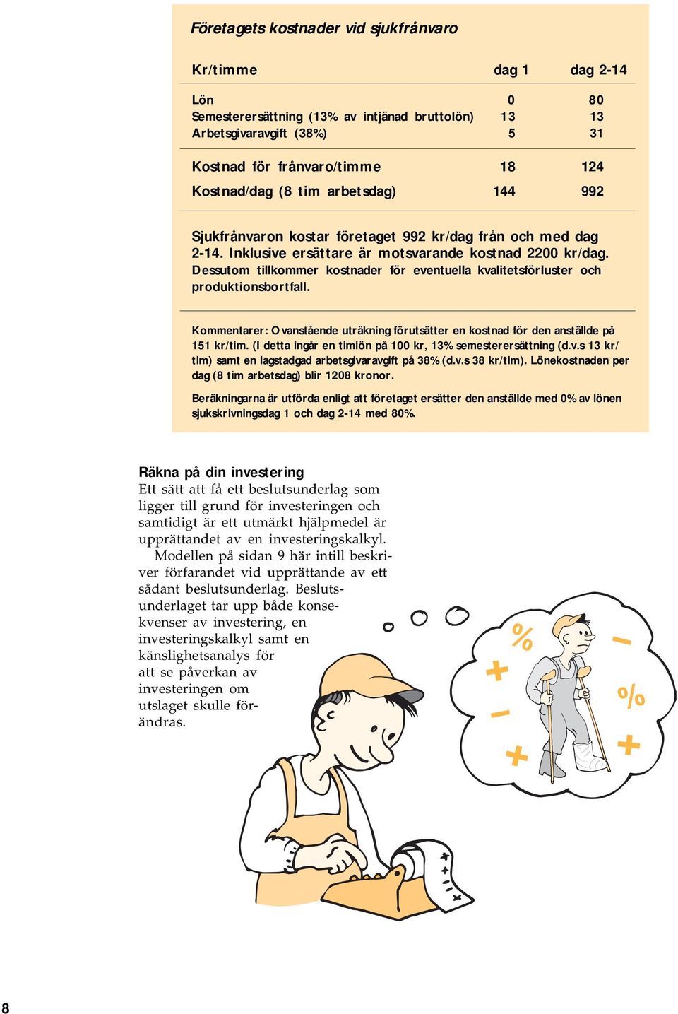 Dessutom tillkommer kostnader för eventuella kvalitetsförluster och produktionsbortfall. Kommentarer: Ovanstående uträkning förutsätter en kostnad för den anställde på 151 kr/tim.