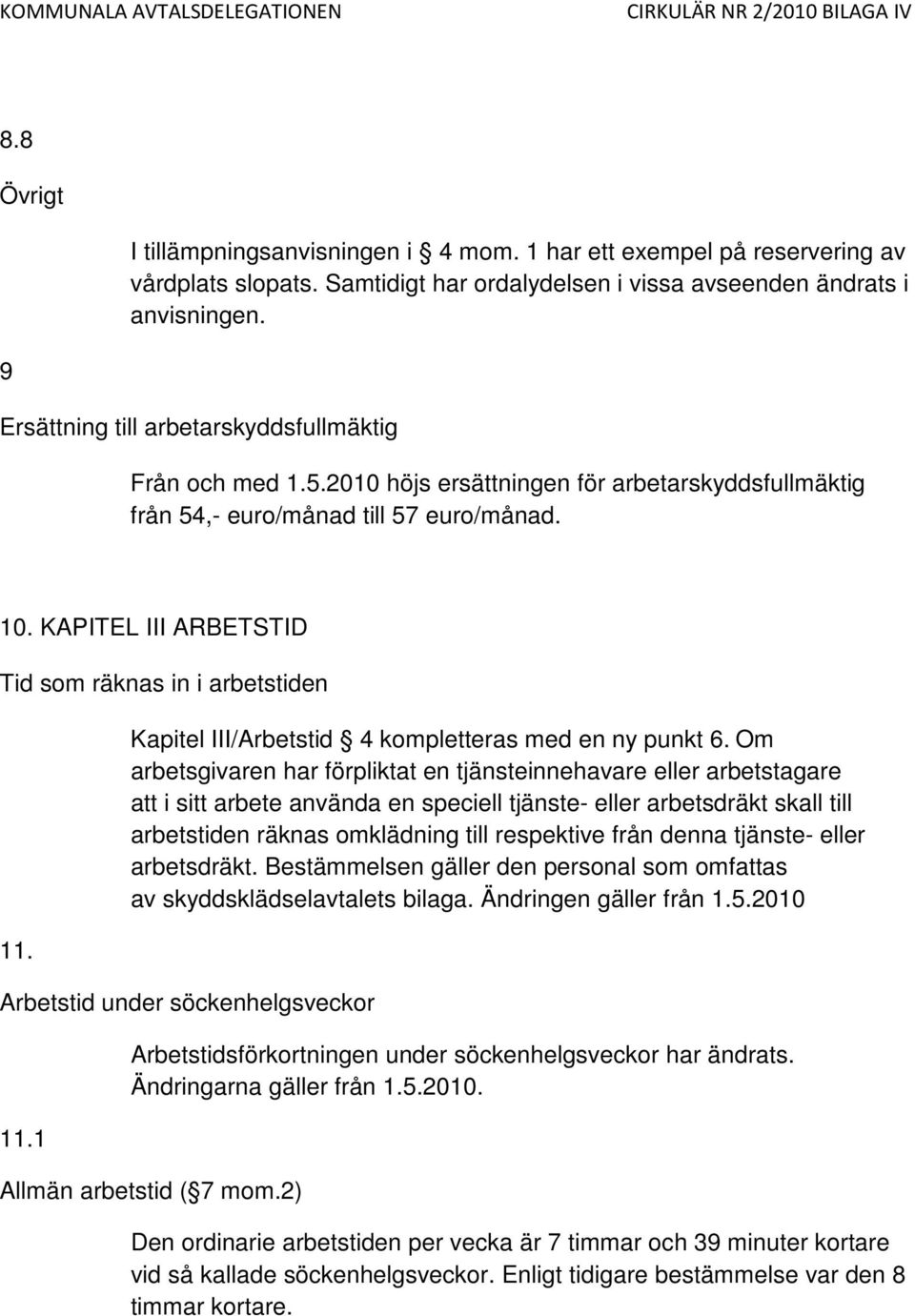 KAPITEL III ARBETSTID Tid som räknas in i arbetstiden 11. Kapitel III/Arbetstid 4 kompletteras med en ny punkt 6.