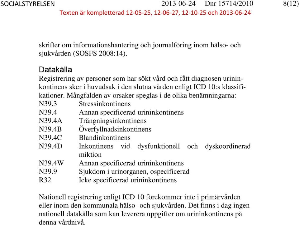 Mångfalden av orsaker speglas i de olika benämningarna: N39.3 Stressinkontinens N39.4 Annan specificerad urininkontinens N39.4A Trängningsinkontinens N39.4B Överfyllnadsinkontinens N39.