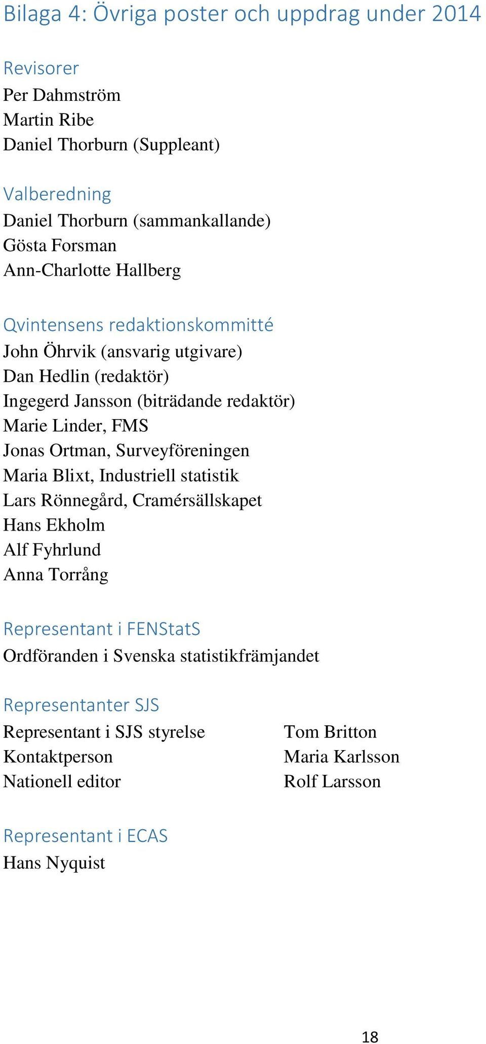 Ortman, Surveyföreningen Maria Blixt, Industriell statistik Lars Rönnegård, Cramérsällskapet Hans Ekholm Alf Fyhrlund Anna Torrång Representant i FENStatS Ordföranden i