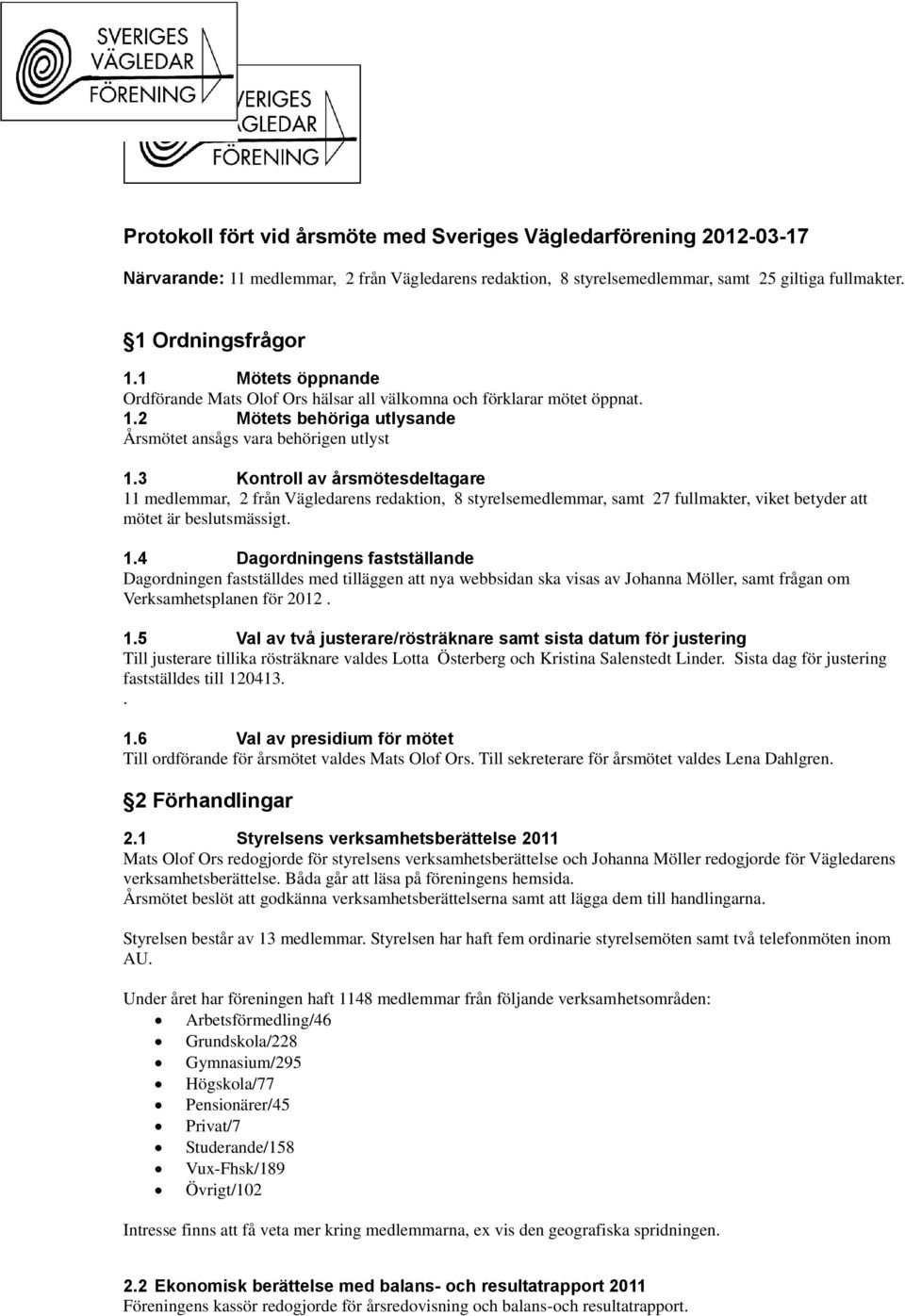 3 Kontroll av årsmötesdeltagare 11 medlemmar, 2 från Vägledarens redaktion, 8 styrelsemedlemmar, samt 27 fullmakter, viket betyder att mötet är beslutsmässigt. 1.4 Dagordningens fastställande Dagordningen fastställdes med tilläggen att nya webbsidan ska visas av Johanna Möller, samt frågan om Verksamhetsplanen för 2012.