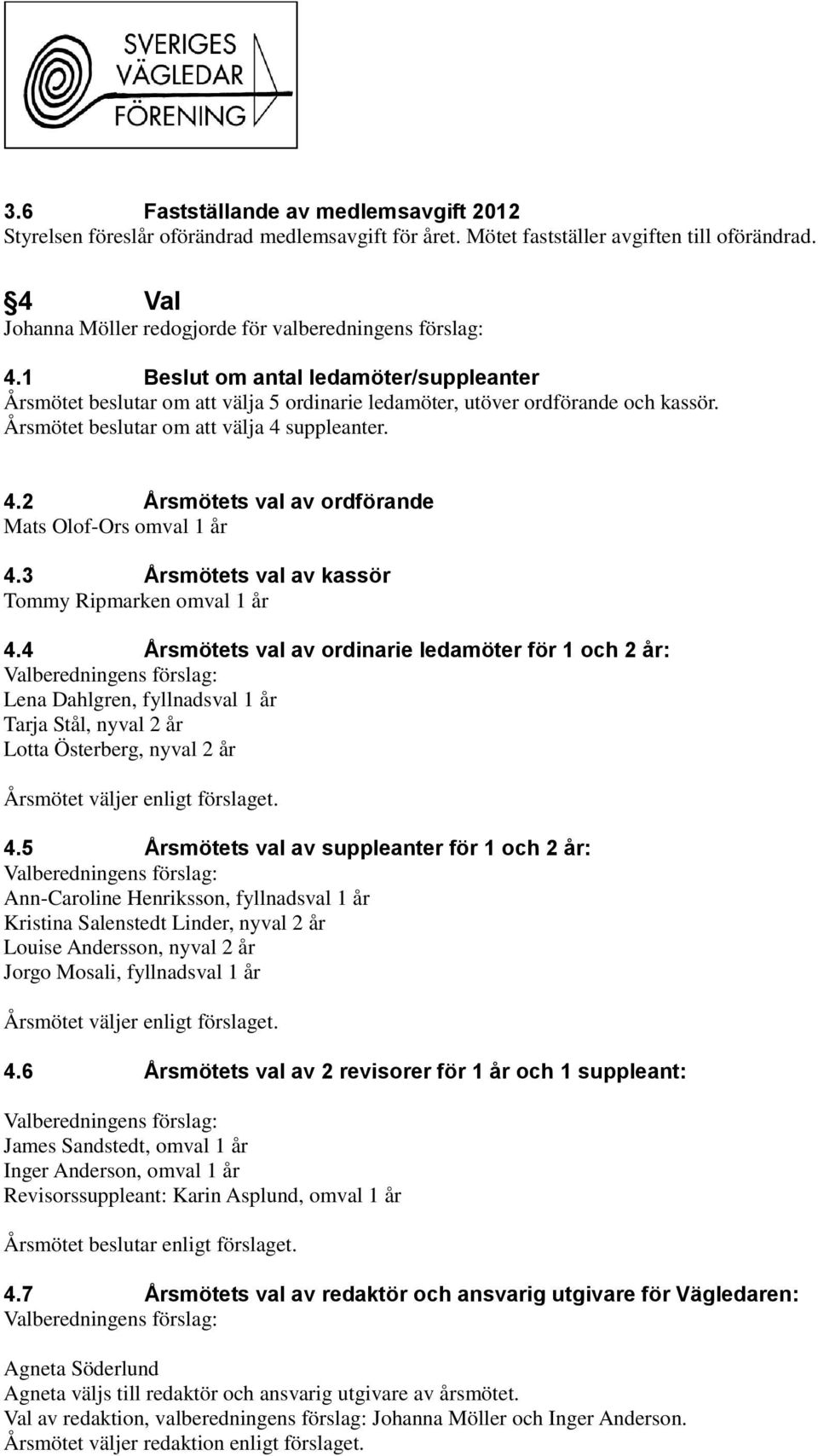 Årsmötet beslutar om att välja 4 suppleanter. 4.2 Årsmötets val av ordförande Mats Olof-Ors omval 1 år 4.3 Årsmötets val av kassör Tommy Ripmarken omval 1 år 4.