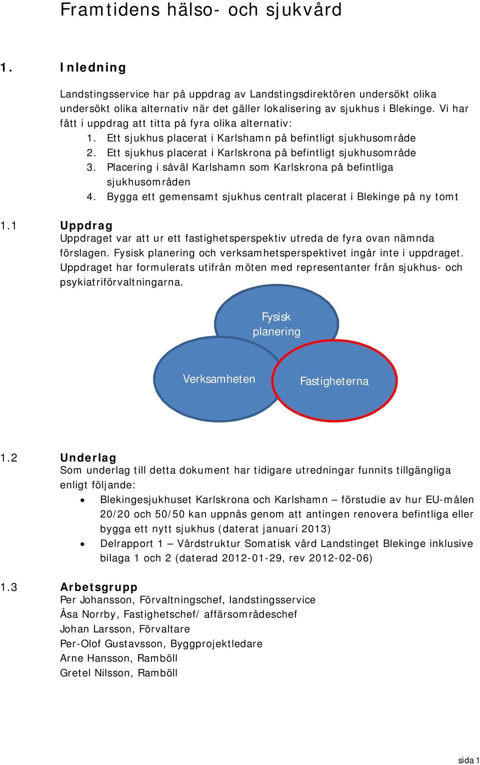 Placering i såväl Karlshamn som Karlskrona på befintliga sjukhusområden 4. Bygga ett gemensamt sjukhus centralt placerat i Blekinge på ny tomt 1.