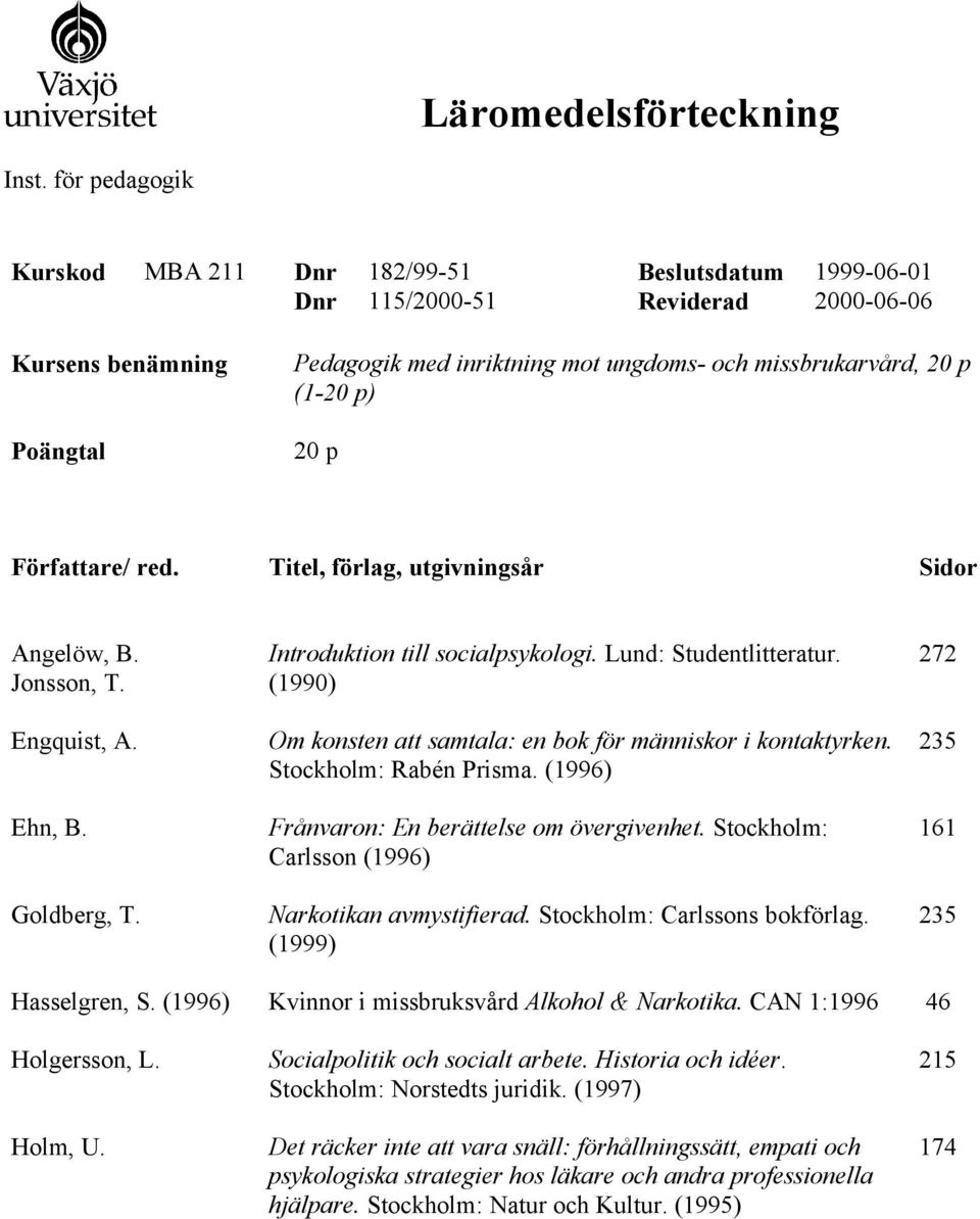 Författare/ red. Titel, förlag, utgivningsår Sidor Angelöw, B. Jonsson, T. Engquist, A. Ehn, B. Goldberg, T. Hasselgren, S. (1996) Holgersson, L. Holm, U. Introduktion till socialpsykologi.