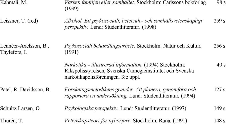 (1991) Narkotika - illustrerad information. (1994) Stockholm: Rikspolisstyrelsen, Svenska Carnegieinstitutet och Svenska narkotikapolisföreningen. 3:e uppl. Forskningsmetodikens grunder.