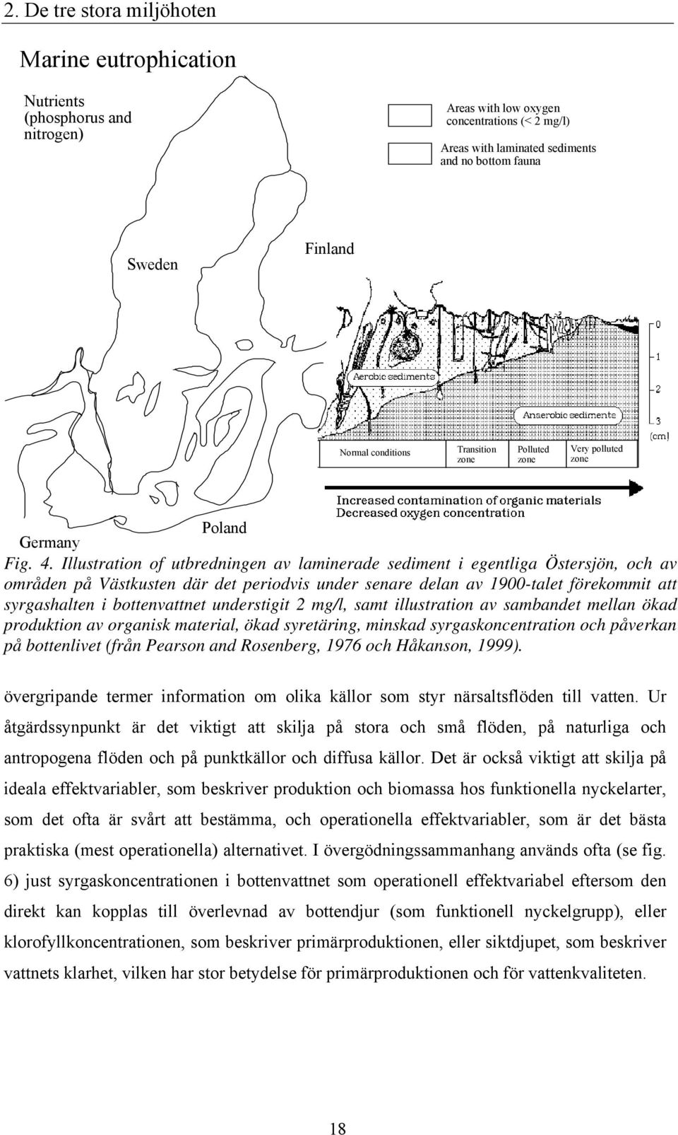 Illustration of utbredningen av laminerade sediment i egentliga Östersjön, och av områden på Västkusten där det periodvis under senare delan av 1900-talet förekommit att syrgashalten i bottenvattnet