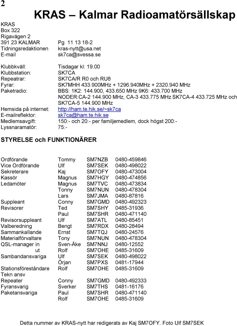 775 MHz SK7CA-4 433.725 MHz och SK7CA-5 144.900 MHz Hemsida på internet: http://ham.te.hik.