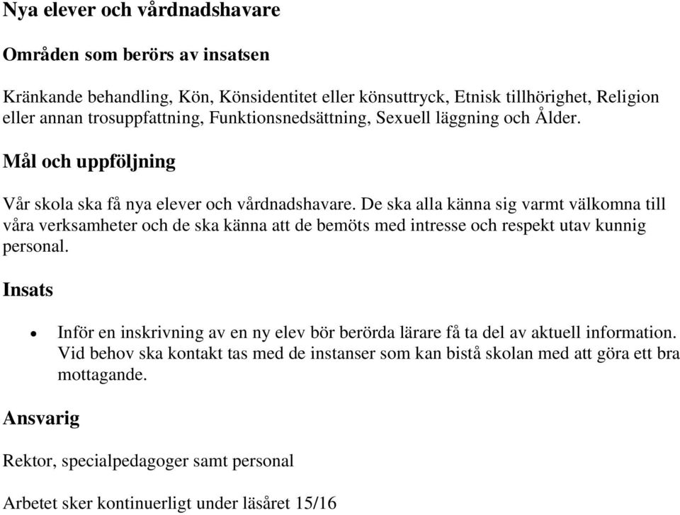 De ska alla känna sig varmt välkomna till våra verksamheter och de ska känna att de bemöts med intresse och respekt utav kunnig personal.