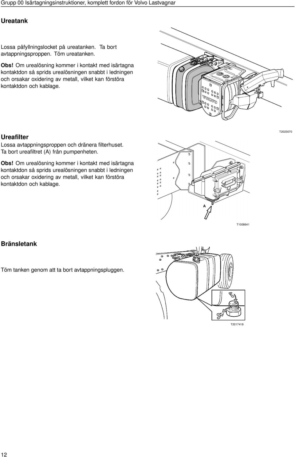 kontaktdon och kablage. Ureafilter Lossa avtappningsproppen och dränera filterhuset. Ta bort ureafiltret (A) från pumpenheten. T2023070 Obs!