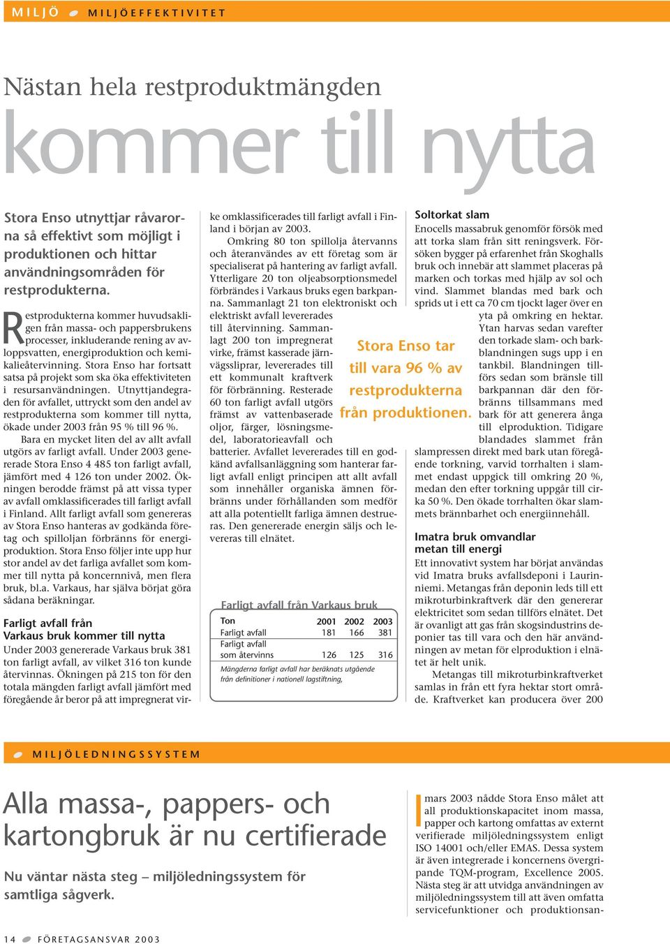 Stora Enso har fortsatt satsa på projekt som ska öka effektiviteten i resursanvändningen.