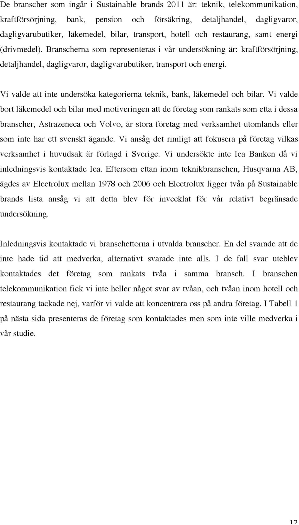 Vi valde att inte undersöka kategorierna teknik, bank, läkemedel och bilar.