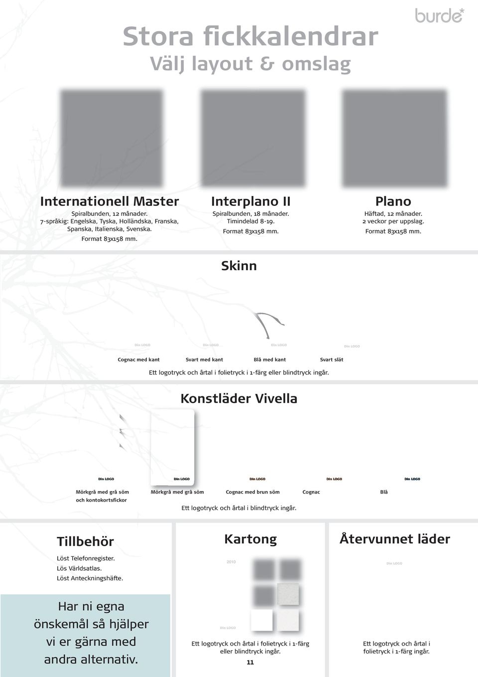 Konstläder Vivella Mörkgrå med grå söm och kontokortsfickor Mörkgrå med grå söm Cognac med brun söm Cognac Blå Ett logotryck och årtal i blindtryck ingår. Tillbehör Löst Telefonregister.