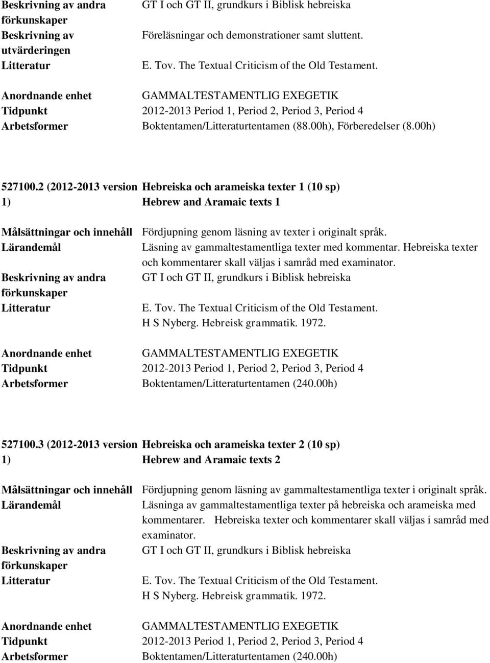 2 (2012-2013 version Hebreiska och arameiska texter 1 (10 sp) Hebrew and Aramaic texts 1 Målsättningar och innehåll Fördjupning genom läsning av texter i originalt språk.