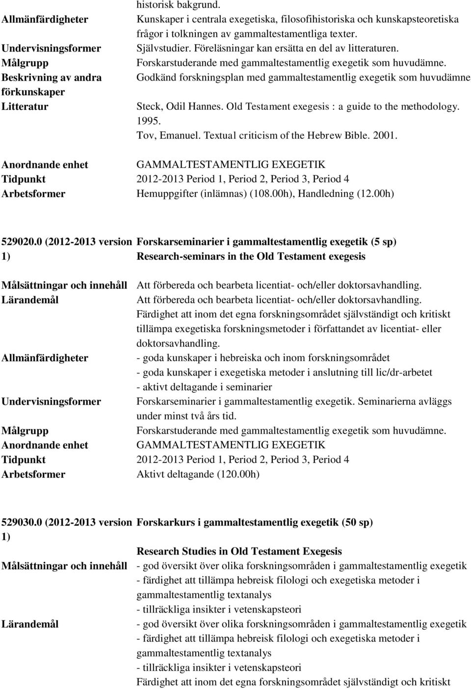 Forskarstuderande med gammaltestamentlig exegetik som huvudämne. Godkänd forskningsplan med gammaltestamentlig exegetik som huvudämne Steck, Odil Hannes.