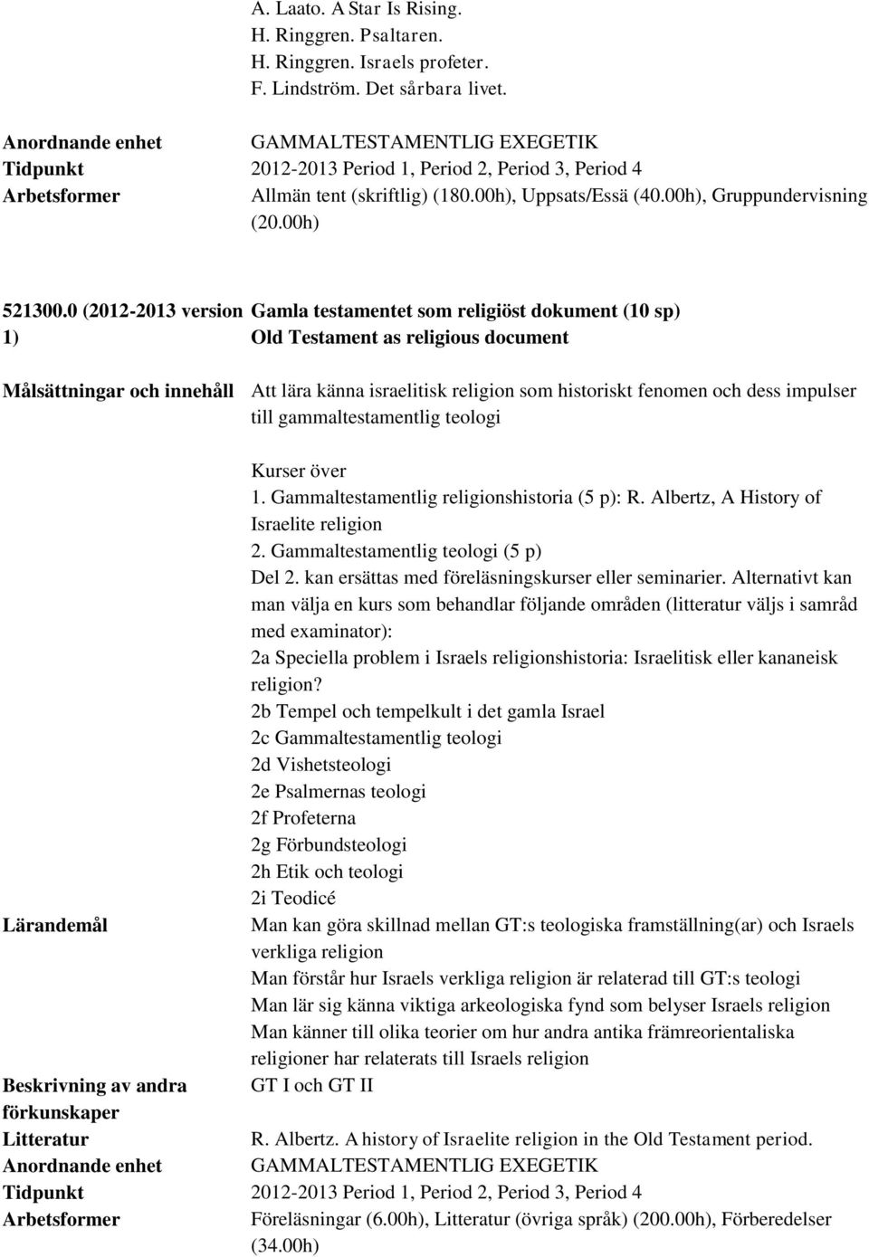 0 (2012-2013 version Gamla testamentet som religiöst dokument (10 sp) Old Testament as religious document Målsättningar och innehåll Att lära känna israelitisk religion som historiskt fenomen och