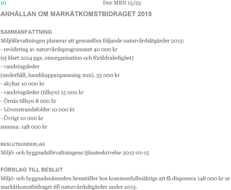 55 000 kr - skyltar 10 000 kr - vandringsleder (tillsyn) 15 000 kr - Örnäs tillsyn 8 000 kr - Lövenstrandsfolder 10 000 kr - Övrigt 10 000 kr summa: 148 000 kr