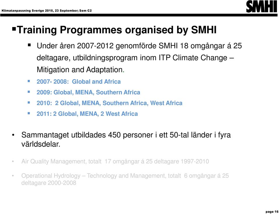 2007-2008: Global and Africa 2009: Global, MENA, Southern Africa 2010: 2 Global, MENA, Southern Africa, West Africa 2011: 2 Global, MENA, 2 West Africa