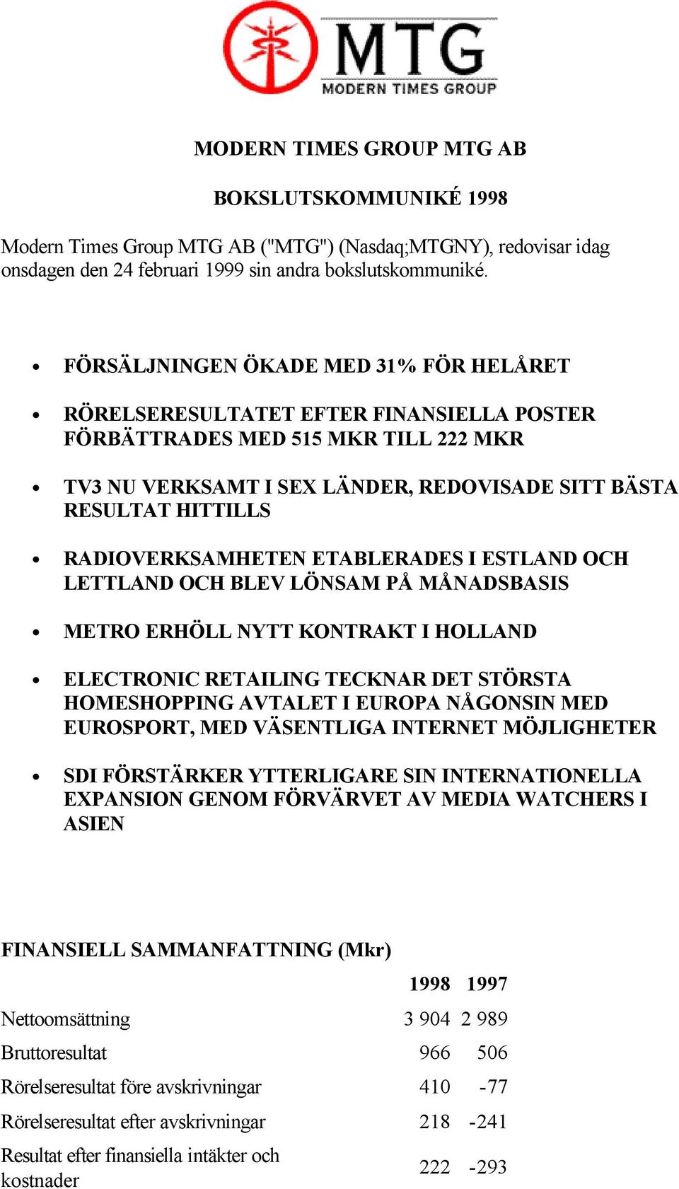 RADIOVERKSAMHETEN ETABLERADES I ESTLAND OCH LETTLAND OCH BLEV LÖNSAM PÅ MÅNADSBASIS METRO ERHÖLL NYTT KONTRAKT I HOLLAND ELECTRONIC RETAILING TECKNAR DET STÖRSTA HOMESHOPPING AVTALET I EUROPA