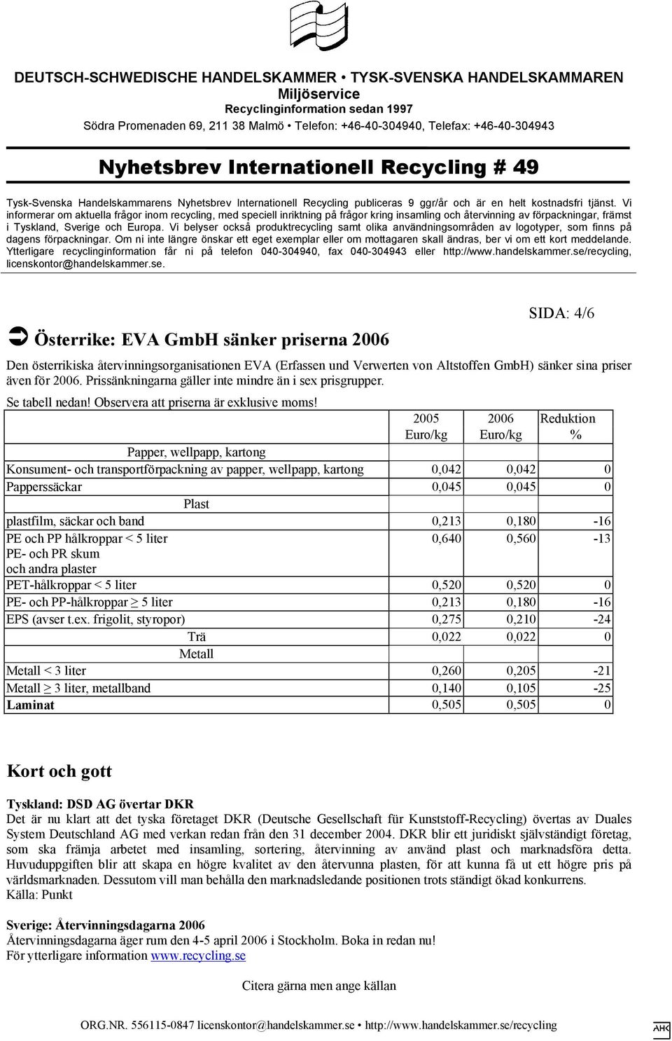 2005 2006 Reduktion Euro/kg Euro/kg % Papper, wellpapp, kartong Konsument- och transportförpackning av papper, wellpapp, kartong 0,042 0,042 0 Papperssäckar 0,045 0,045 0 Plast plastfilm, säckar och