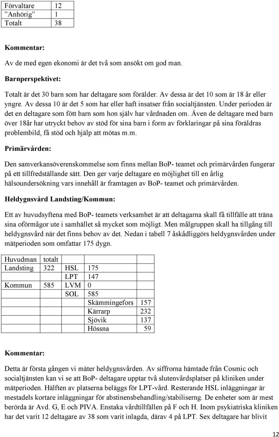 Även de deltagare med barn över 18år har utryckt behov av stöd för sina barn i form av förklaringar på sina föräldras problembild, få stöd och hjälp att mötas m.m. Primärvården: Den samverkansöverenskommelse som finns mellan BoP- teamet och primärvården fungerar på ett tillfredställande sätt.