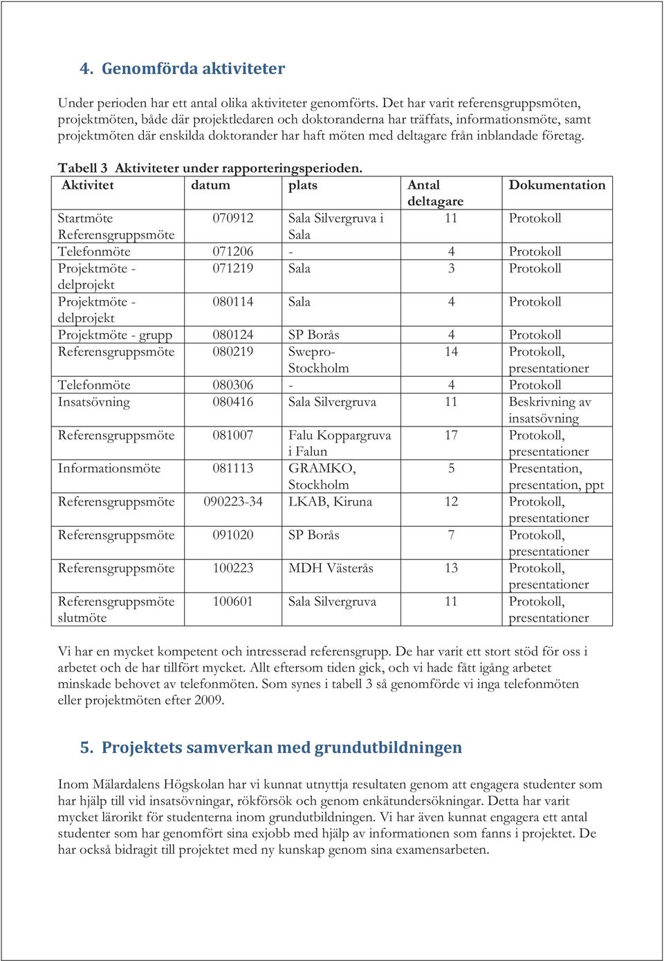 inblandade företag. Tabell 3 Aktiviteter under rapporteringsperioden.