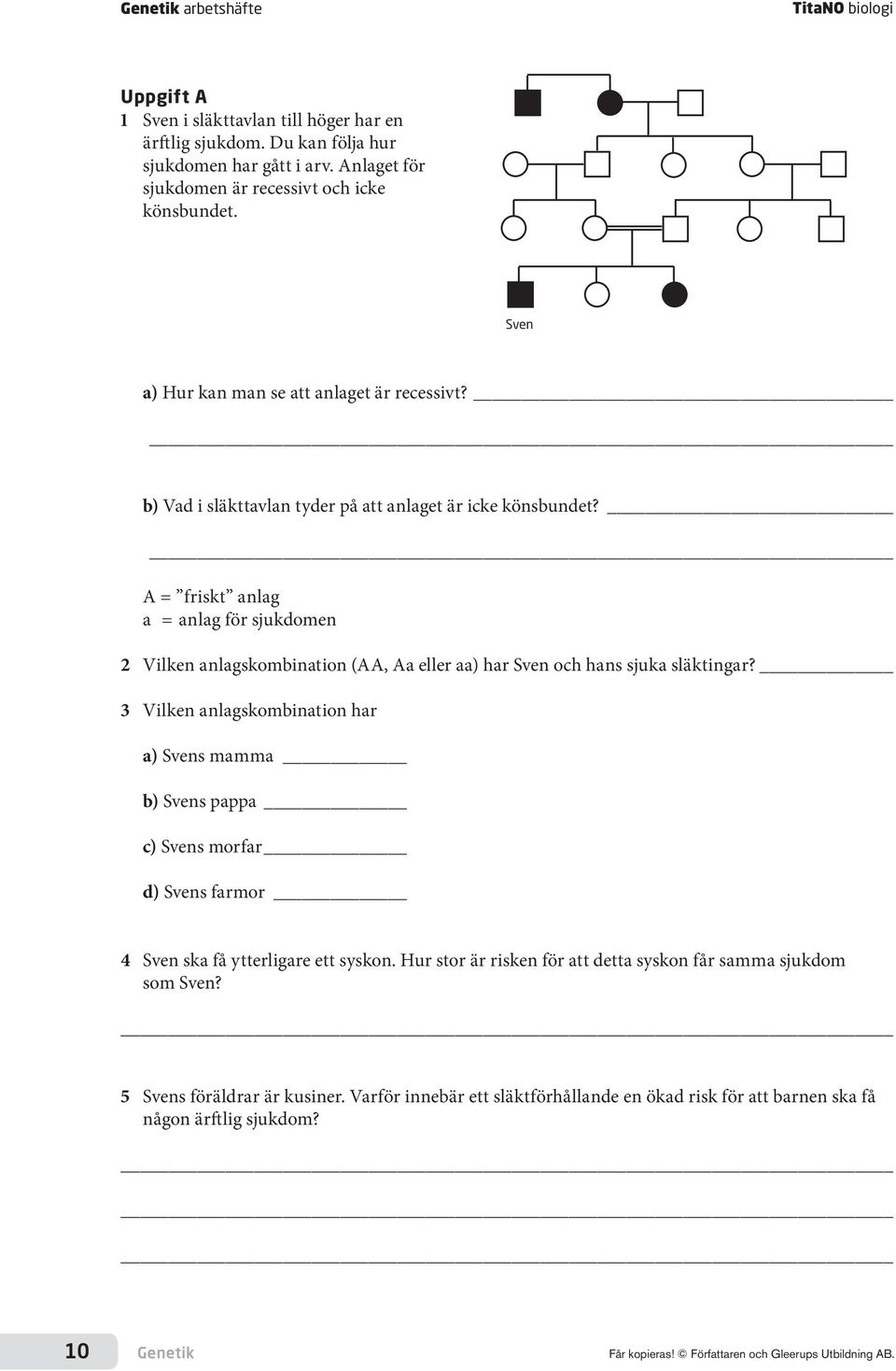 A = friskt anlag a = anlag för sjukdomen 2 Vilken anlagskombination (AA, Aa eller aa) har Sven och hans sjuka släktingar?