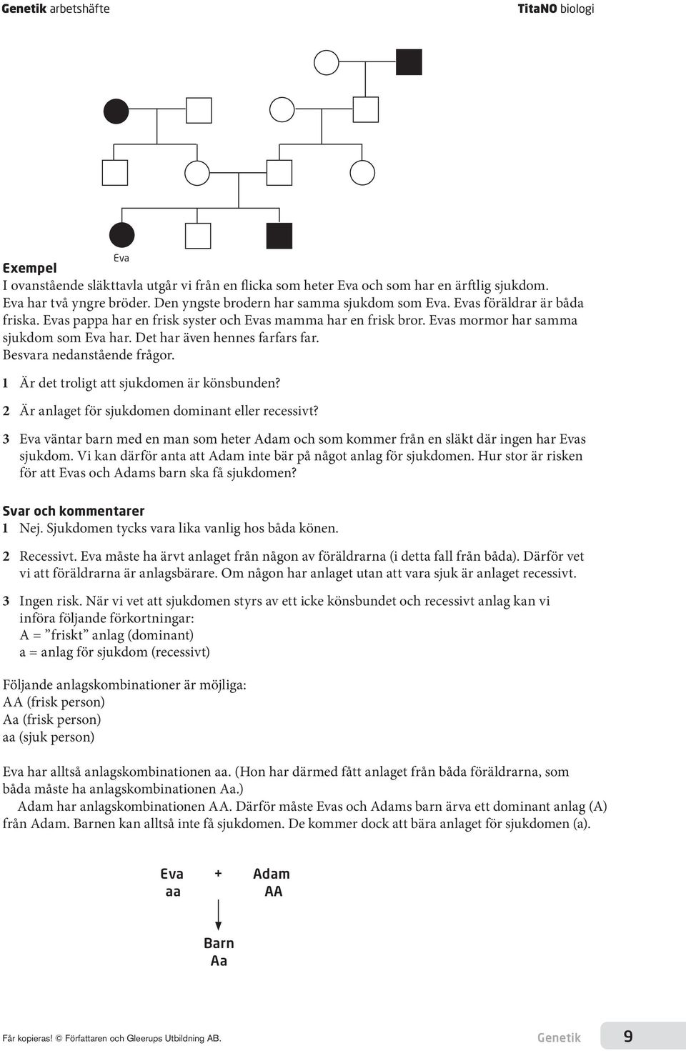 1 Är det troligt att sjukdomen är könsbunden? 2 Är anlaget för sjukdomen dominant eller recessivt? 3 Eva väntar barn med en man som heter Adam och som kommer från en släkt där ingen har Evas sjukdom.