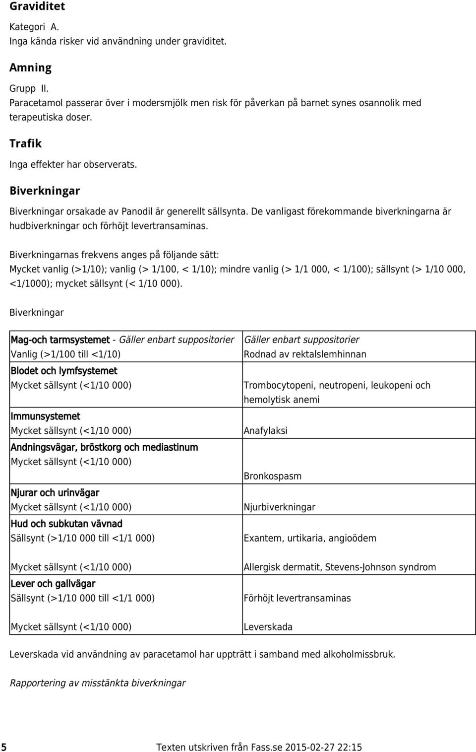 Biverkningar Biverkningar orsakade av Panodil är generellt sällsynta. De vanligast förekommande biverkningarna är hudbiverkningar och förhöjt levertransaminas.