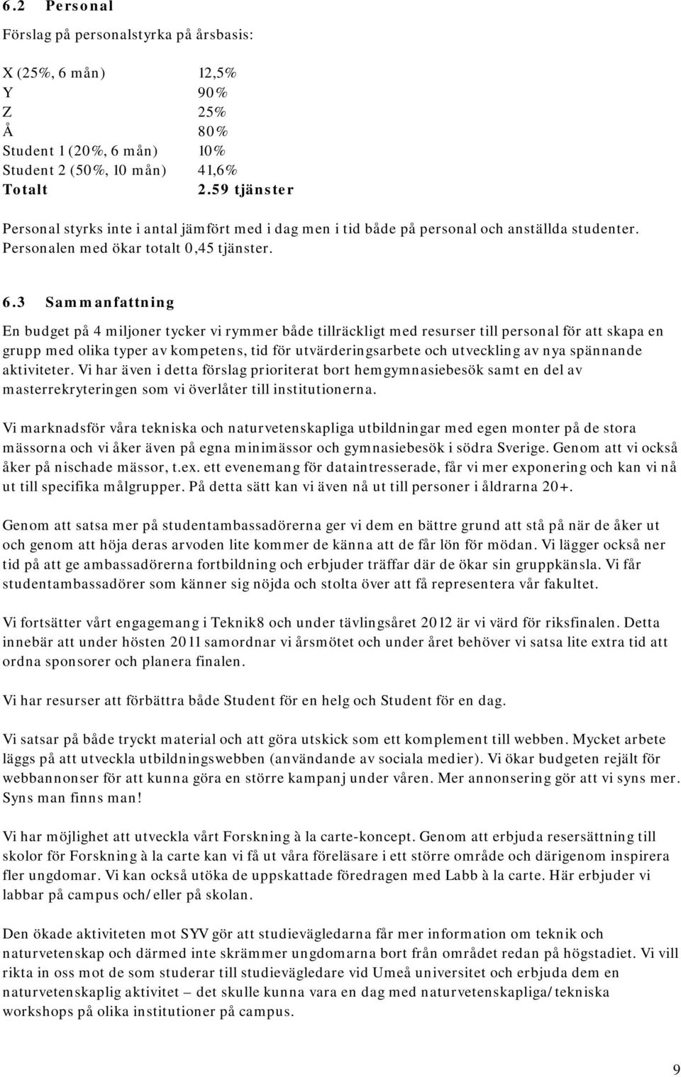 3 Sammanfattning En budget på 4 miljoner tycker vi rymmer både tillräckligt med resurser till personal för att skapa en grupp med olika typer av kompetens, tid för utvärderingsarbete och utveckling